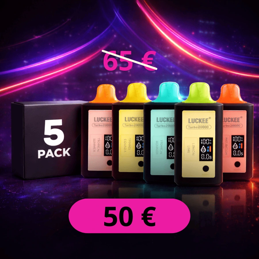 caja de 5 vapers desechables luckee de 20000 puffs, selecciona tus sabores favoritos de la mejor marca de vapers del mercado